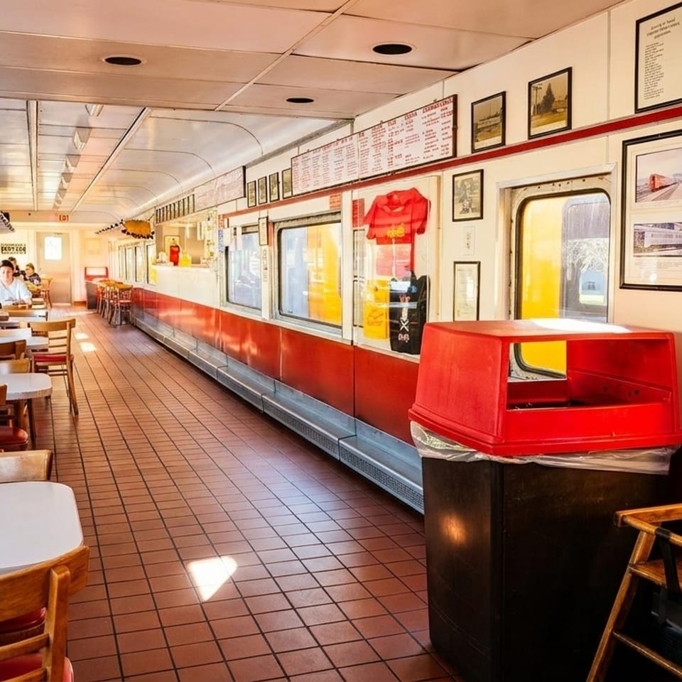 Diners seated at tables inside a vintage train car restaurant with red and white decor.