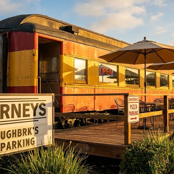 Carney's restaurant, a red and yellow train car, with an outdoor patio under umbrellas.