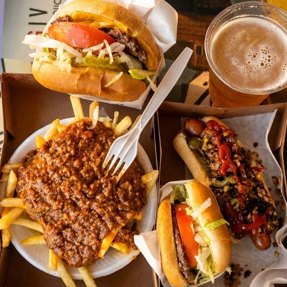 Carney's chili cheese fries, hot dogs, cheeseburger, and beer on a train car table.