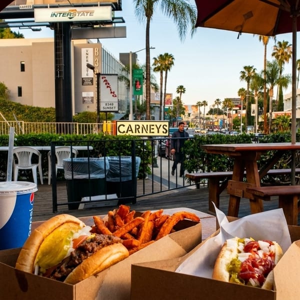 Carney's restaurant patio with a burger, fries, hot dog, and soda on a wooden table.