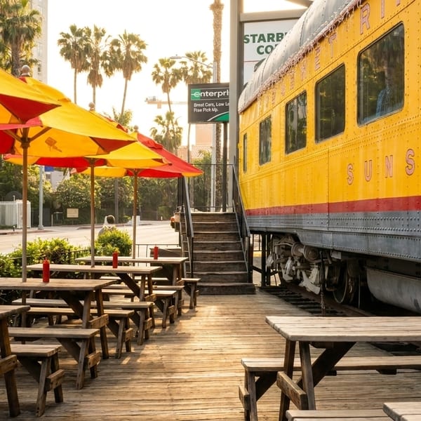 Outdoor dining area with picnic tables and red and yellow umbrellas next to a yellow train car.