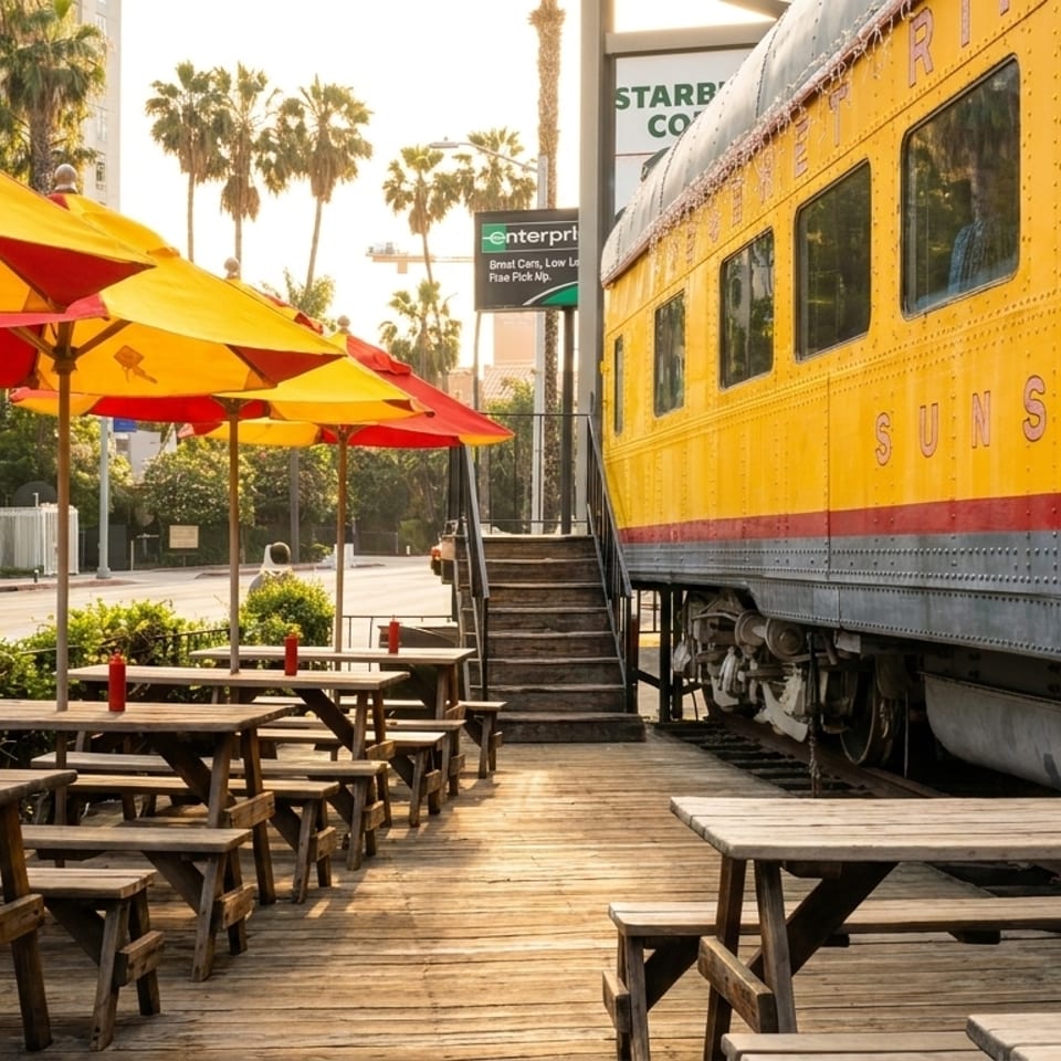 Outdoor dining area with picnic tables and red and yellow umbrellas next to a yellow train car.